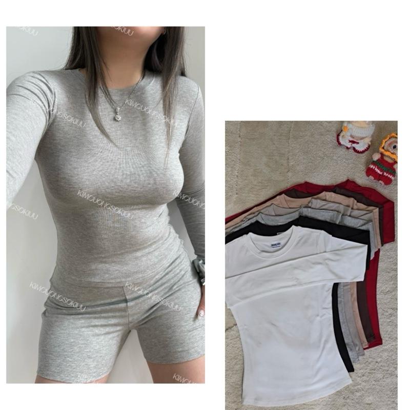 Áo Thắt Eo Dài Tay Ôm Kimcuongsokiuu Cotton Trơn Nữa S/M/L - Women, Top Cổ Tròn