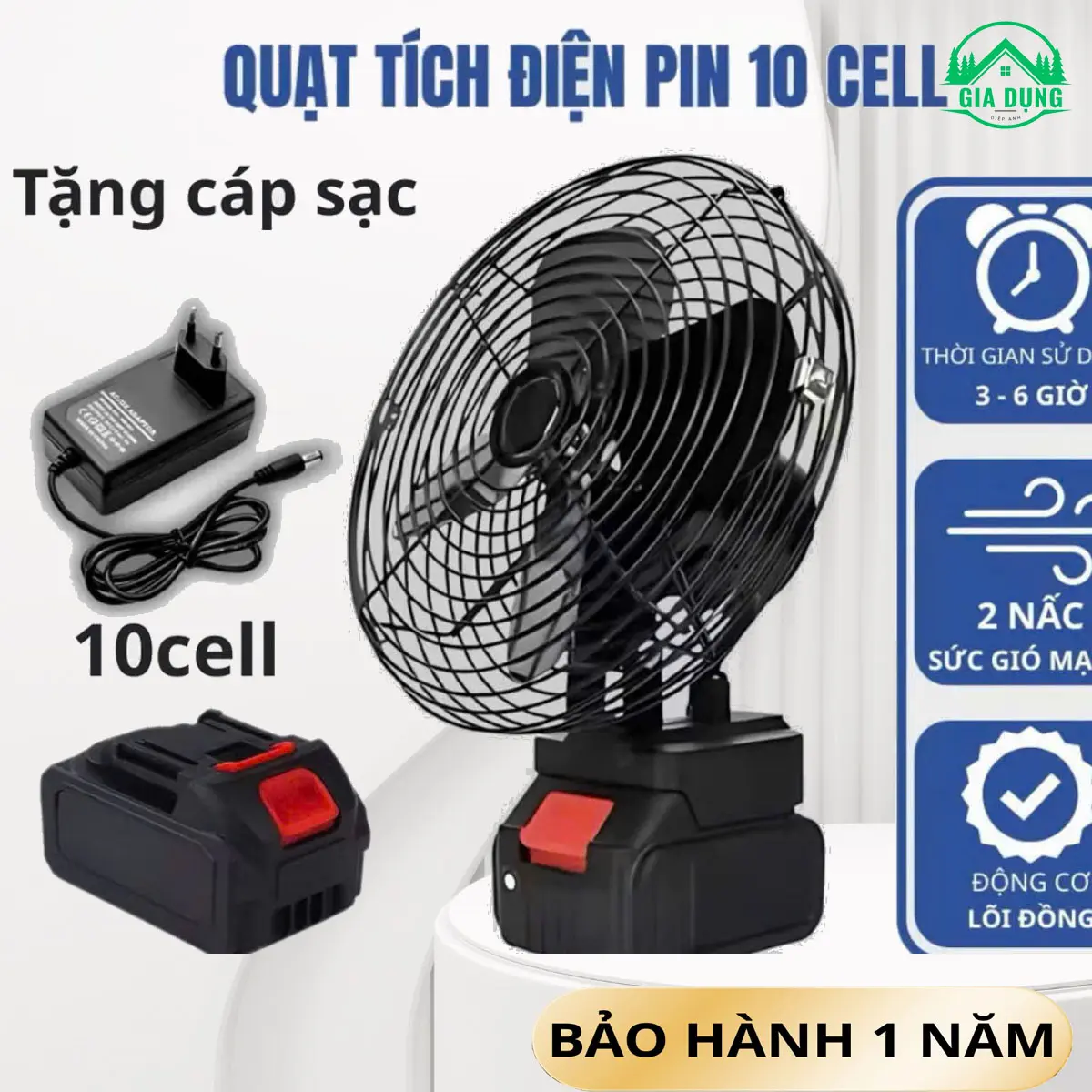 [ TẶNG SẠC 7/7] Quạt tích điện pin 10 cell , quạt sắt, chạy liên tục từ 5-6 tiếng bảo hành 12 tháng  HÀNG LOẠI 1