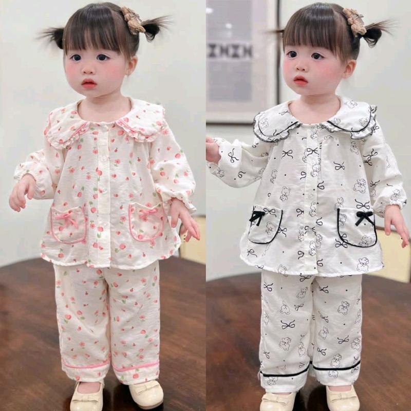 Nhasockids Bộ quần áo DÀI TAY cổ sen viền bèo phối túi nơ xinh xắn cho Bé Gái . Chất Liệu Thoải Mái Màu Sắc Dễ Thương