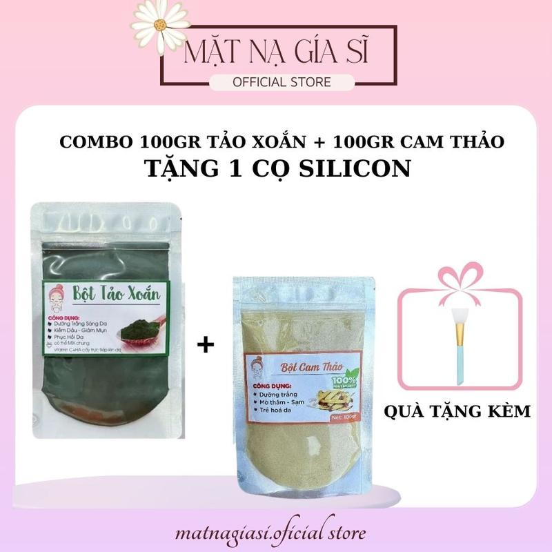 Combo 100gr Tảo Xoắn + 100gr Bột Cam Thảo dưỡng sáng chống lão hoá làm mịn da TẶNG Cọ Silicon