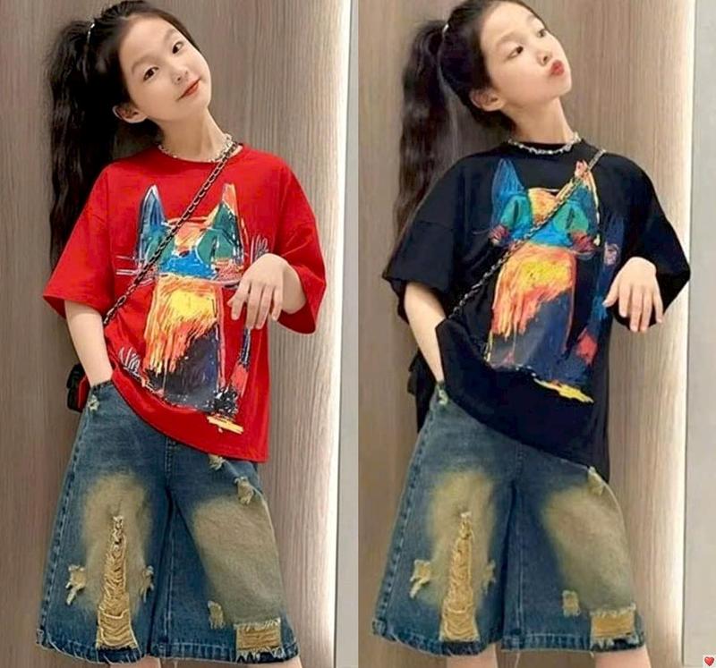   MinMinKid2   19-55kg  Set áo thun cotton hoạ tiết mèo loang phối QUẦN NGỐ RÁCH cá tính cho bé trai và bé gái 