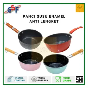 Panci Susu Enamel Anti Lengket 16 18 20 CM GSF / Panci Gagang Kayu / Panci Masak Mie Air Kuah Rebus