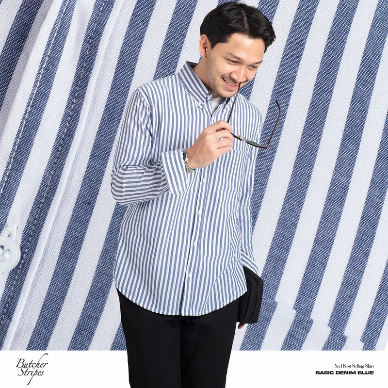 Kemeja Pria Garis WOODCUTTER Basic Butcher Stripe - Denim Blue Biru Lengan Panjang 0