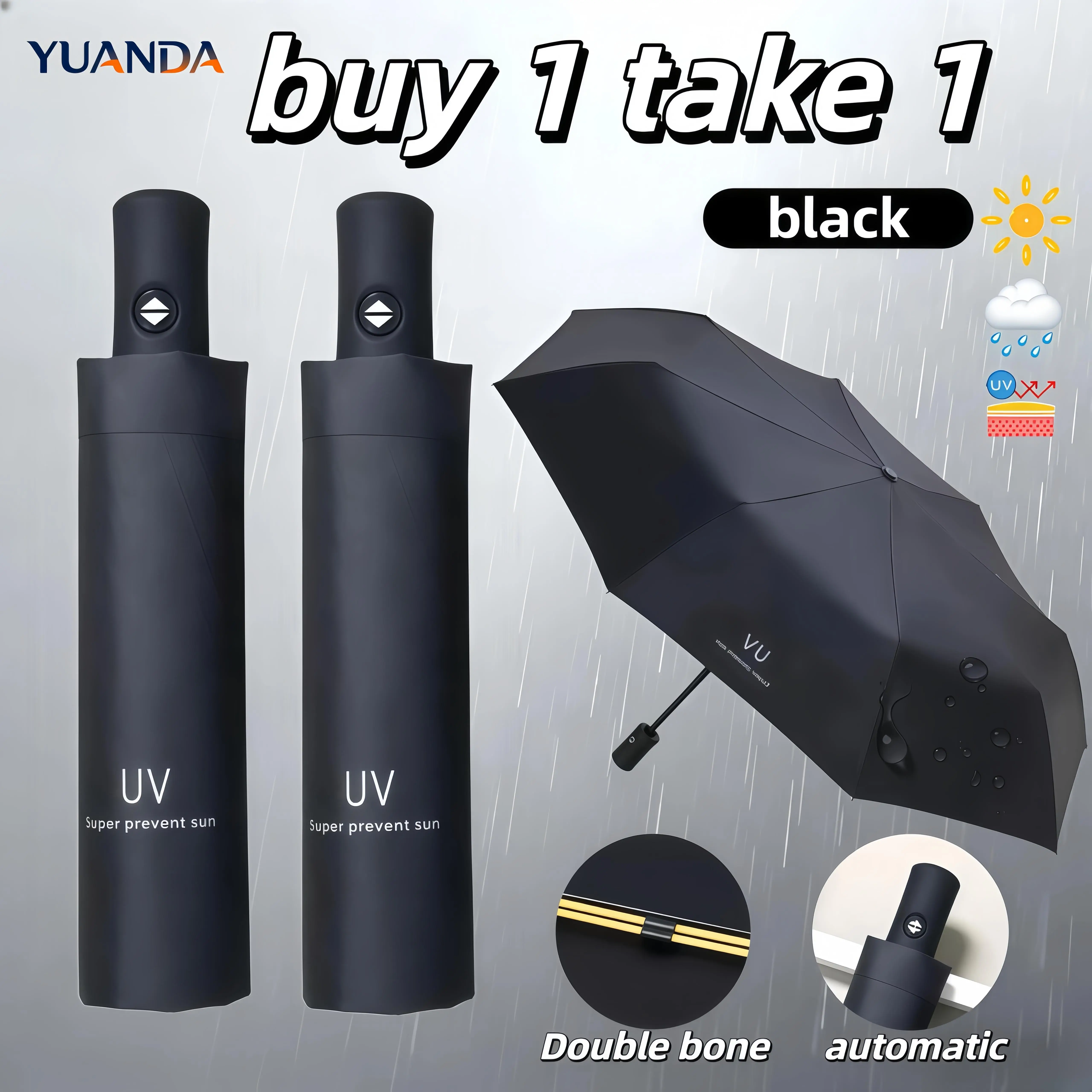 YUANDA [ Buy 1 Take 1 ] UV Automatic Umbrella Sunshade Rainproof UV Spot Color (Multiple Colors) Black uv umbrella automatic folding windproof umbrella umbrella with uv protection