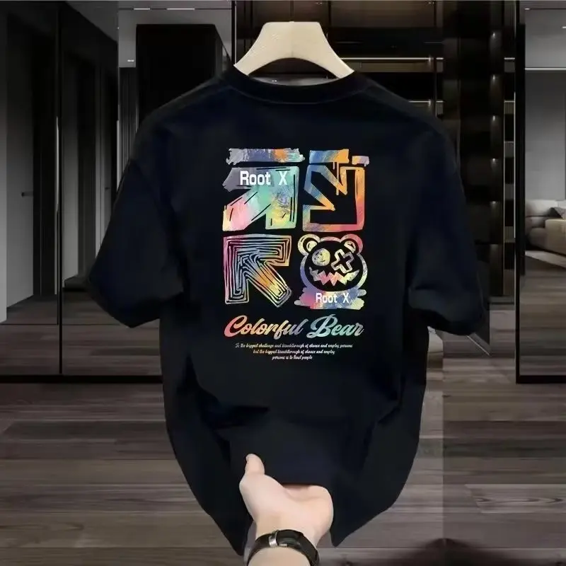 Trendy and fashionable men's T-shirt, comfortable and loose printed short sleeved cotton T-shirt, basic half sleeved