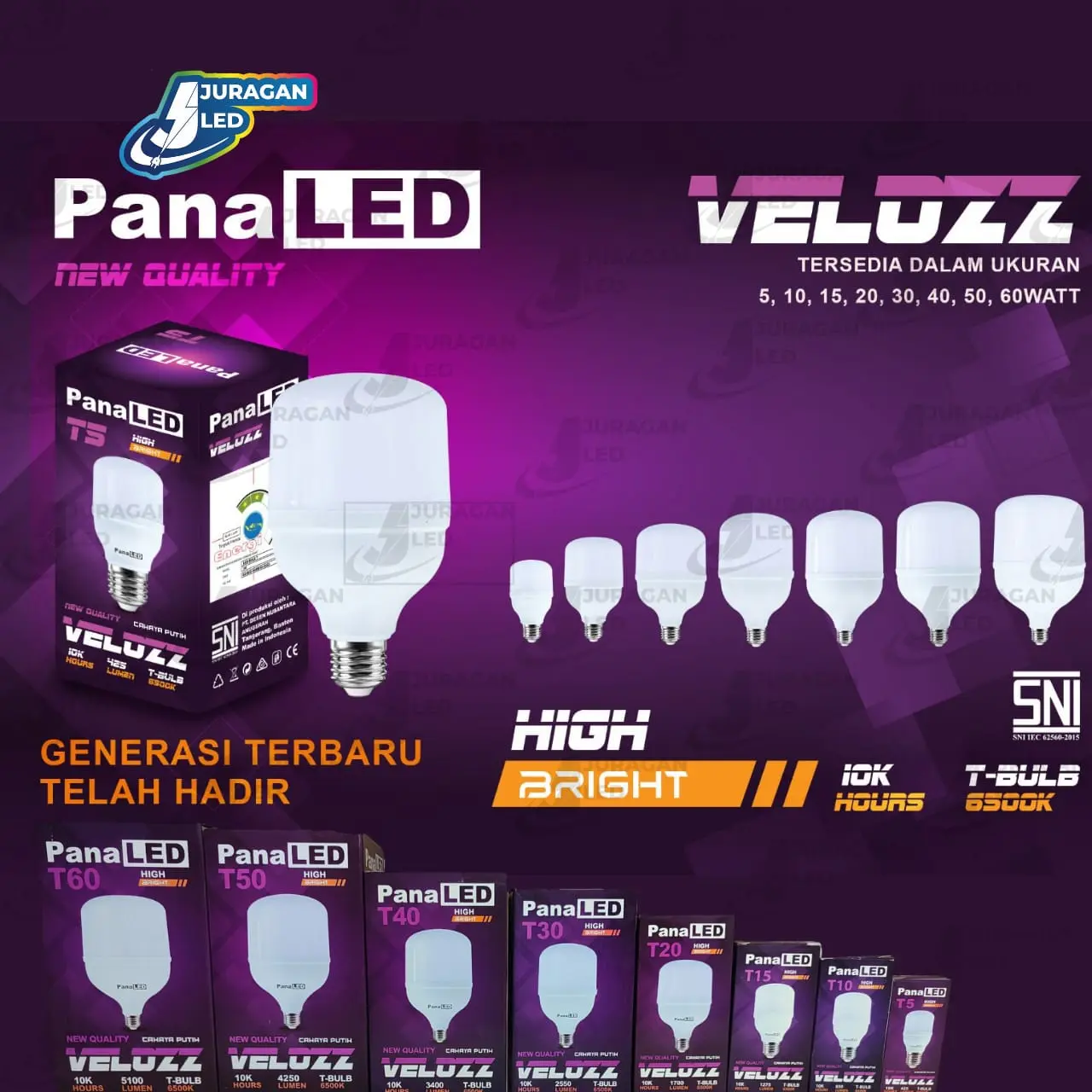 Lampu Led Bulb Panaled VeloZ 20W 30W 40W 50W 60W Cahaya Putih SNI