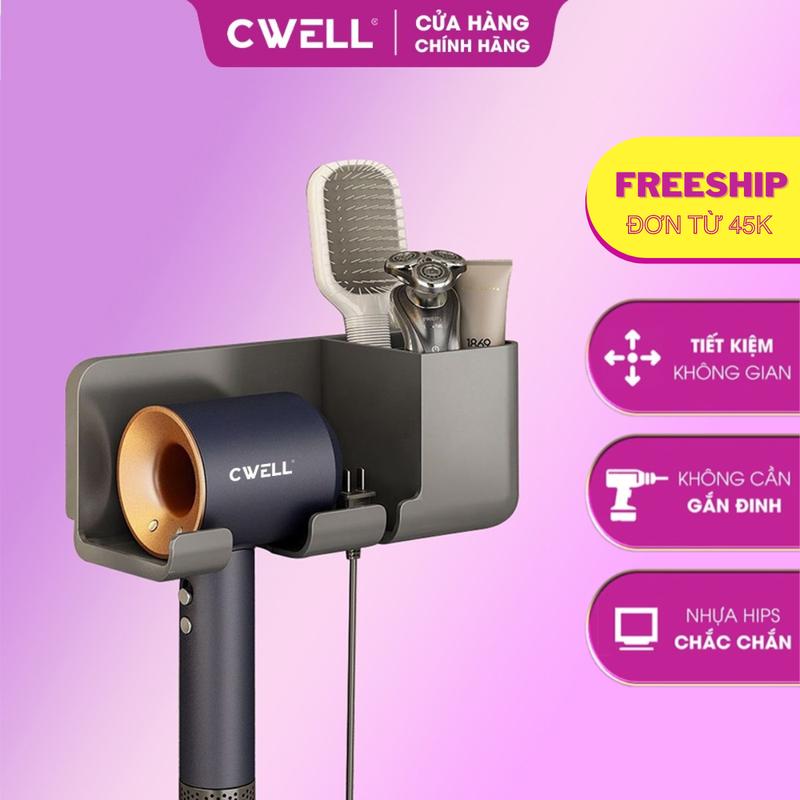 Giá treo, giá đỡ máy sấy tóc CWELL dán tường hiện đại, kèm kệ đựng đồ nhà tắm tiện lợi, không cần bắt đinh, dán tường gạch hoa (KHÔNG DÁN TƯỜNG SƠN) - phù hợp tất cả loại máy sấy CWELL - C02PK Lắp Ráp