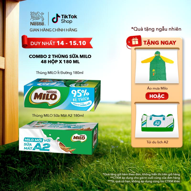 Nestlé VN Combo 2 Thùng Sữa Lúa Mạch Milo Sữa Mát A2 180ml Và Thùng Sữa Lúa Mạch Milo Ít Đường 180ml