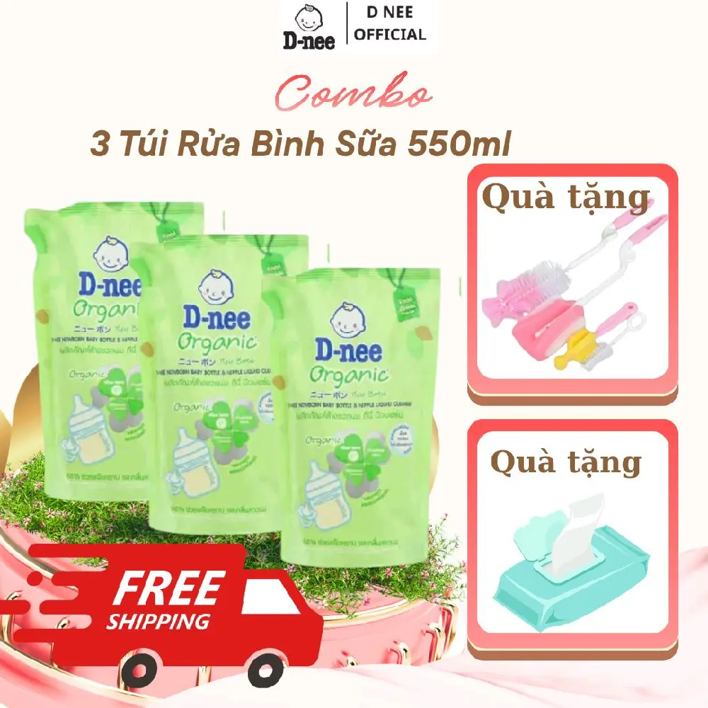 [Combo 3 Túi Kèm Quà] Nước Rửa Bình Sữa Dnee Organic Rau Củ Quả, Trà Xanh, Hương Lô Hội Voi