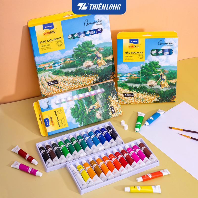 Bộ 12 18 24 màu Gouache dạng tuýp 12ml Thiên Long Colokit - Độ phủ màu tốt dễ hòa tan với nước