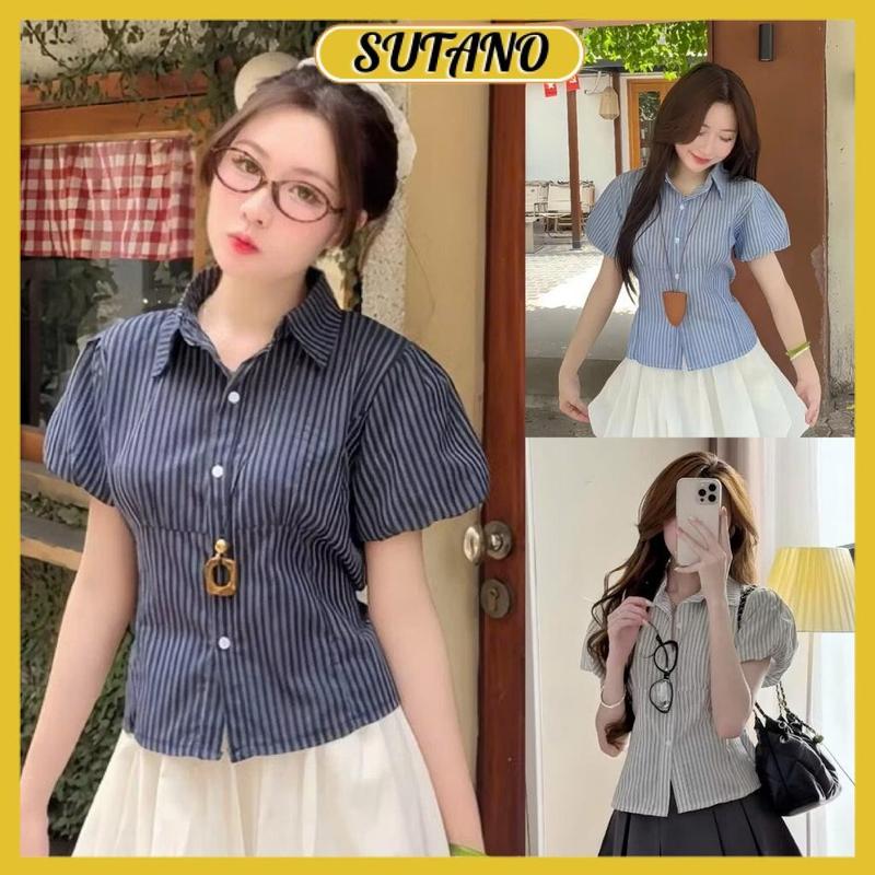 Áo sơ mi kẻ tay phồng dáng ngắn có dây thắt sau lưng chất thô linen cao cấp A285 SUTANO