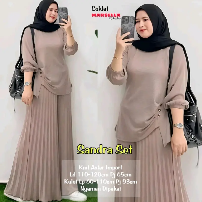 Pakaian setelan wanita bahan knit aster import LD 110-120 cm lengan panjang celana kulot plisket nyaman dipakai bestseller Sandra set Adra set by Vensy marsella 3