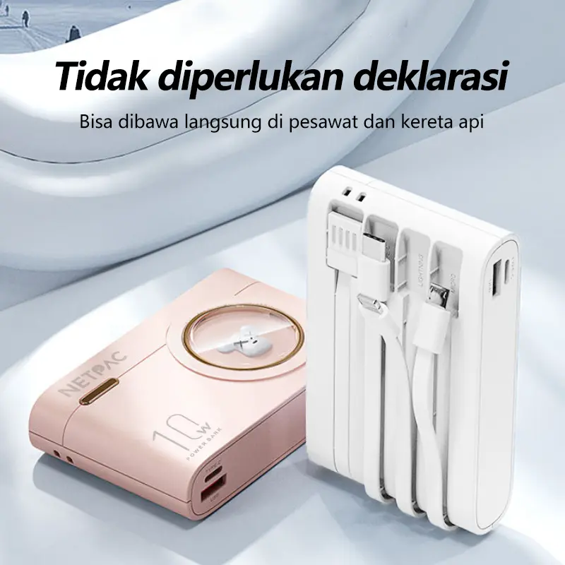 【COD】NETPACLIFE Powerbank 10000 mAh Fast Charging Murah Mini Macaron Cute Camera Design LED with Kabel Data Type C Micro USB Lightning 4