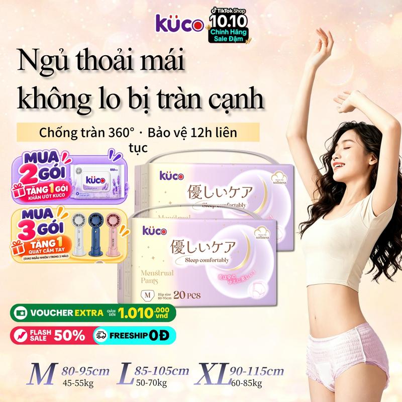 【nâng cấp】Băng vệ sinh dạng quần KUCO (20 miếng) – Size M / L / XL (phù hợp cả người bigsize) – Chống tràn 360 độ, êm mượt, ôm vừa vặn, giữ form tốt, thấm hút tức thì – Dùng cho mẹ sau sinh & ngày lượng nhiều – Thoáng khô suốt ngày và đêm