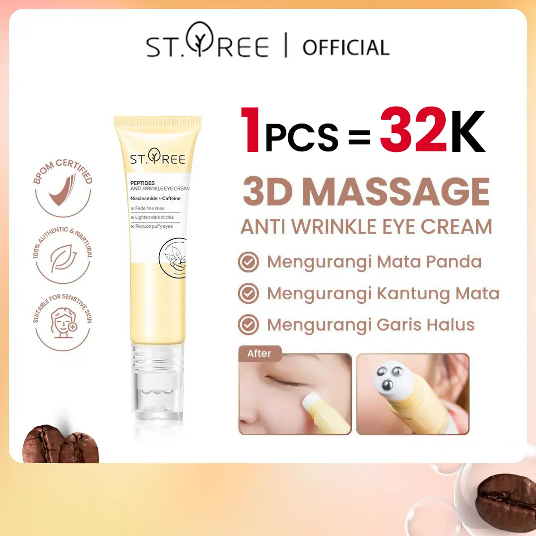 [COD] ST.TREE Multi Peptides Anti-Wrinkle Eye Cream 15 gr | Serum Perawatan Mata dengan 3D Roller Massager - Krim Mata dengan Niacinamide dan Caffeine untuk Mencerahkan dan Mengurangi Kantung Mata Panda, Menyamarkan Kerutan, Garis Halus dan Mengencangkan