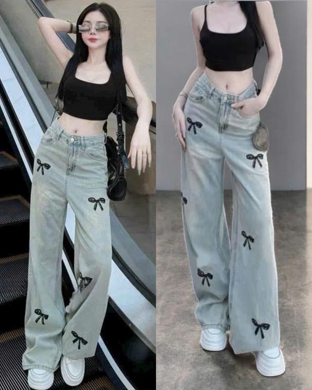  QUẦN JEANS NỮ DÁNG SUÔNG THÊU HỌA TIẾT NƠ ĐEN DẬP NỔI SIÊU XINH - QUẦN BÒ NỮ CẠP CAO CHẤT DÀY MỊN FORM SIÊU HACK DÁNG Women Pants Ong Voi 