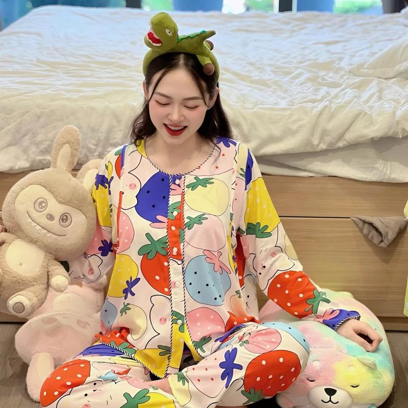 MUMMUM/Bộ bầu tay dài quần dài viền ren vải tole 2 da mềm nhẹ mát mặc Bầu và sau sinh Váy Bầu Voi