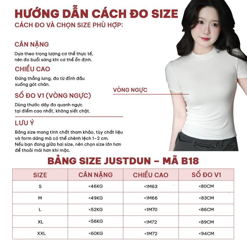 Áo Thun Nữ Ôm Body JUSTDUN B18 Cổ Tròn Tay Ngắn, Cotton Mịn Co Giãn 4 Chiều, Mềm Mại Thoáng Khí. | BigBuy360 - bigbuy360.vn