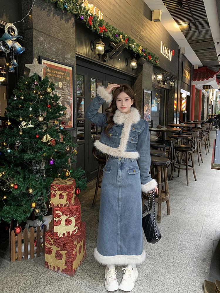 Product Introduction of Fujia Qianjin-Áo Khoác Denim Chần Bông Dày Lót Lông Cừu Cho Nữ, Váy Cạp Cao, Trang Phục Thời Trang Mới Mùa Đông 2023 34