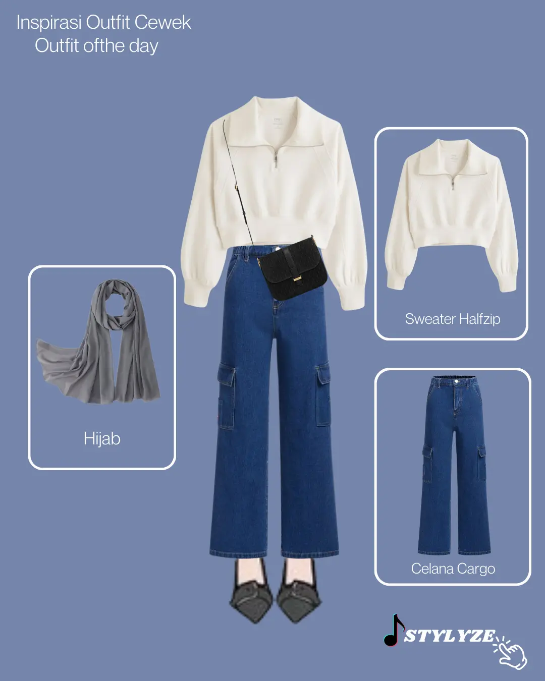 One Set 3in1 Sweater + Celana Cargo + pashmina Outfit Ofthe Day Simple Kekinian Ootd Remaja SZ1
