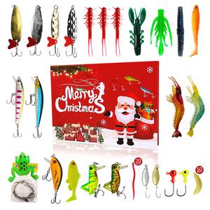 クリスマス サプライズギフトボックス、24グリッド フィッシングルアーセット、ソフトベイトフック、ミミズ、パン虫、クリスマスフリップカバーボックス