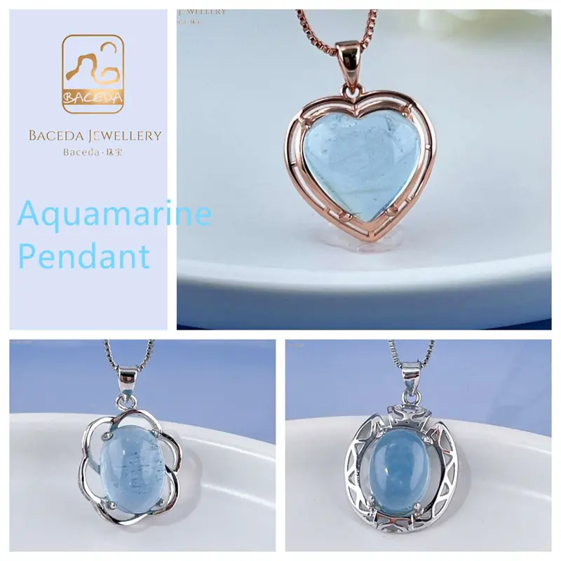 Mặt dây chuyền Aquamarine, đá lớn, S925 bạc Sterling, cài đặt ngạnh, thanh lịch đẹp 0