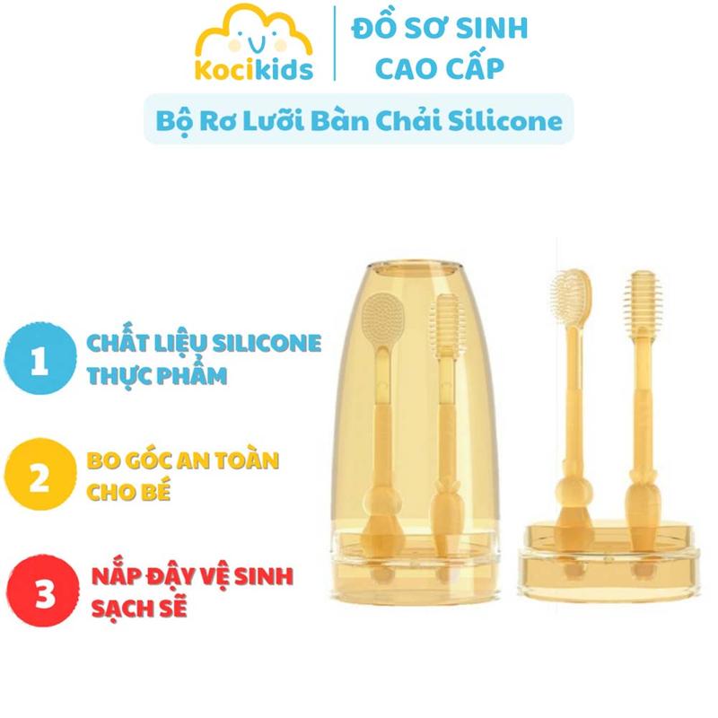 Set rơ lưỡi cho bé và bàn chải đánh răng cho bé 0 - 24 tháng được làm từ silicon (kèm cốc đựng)
