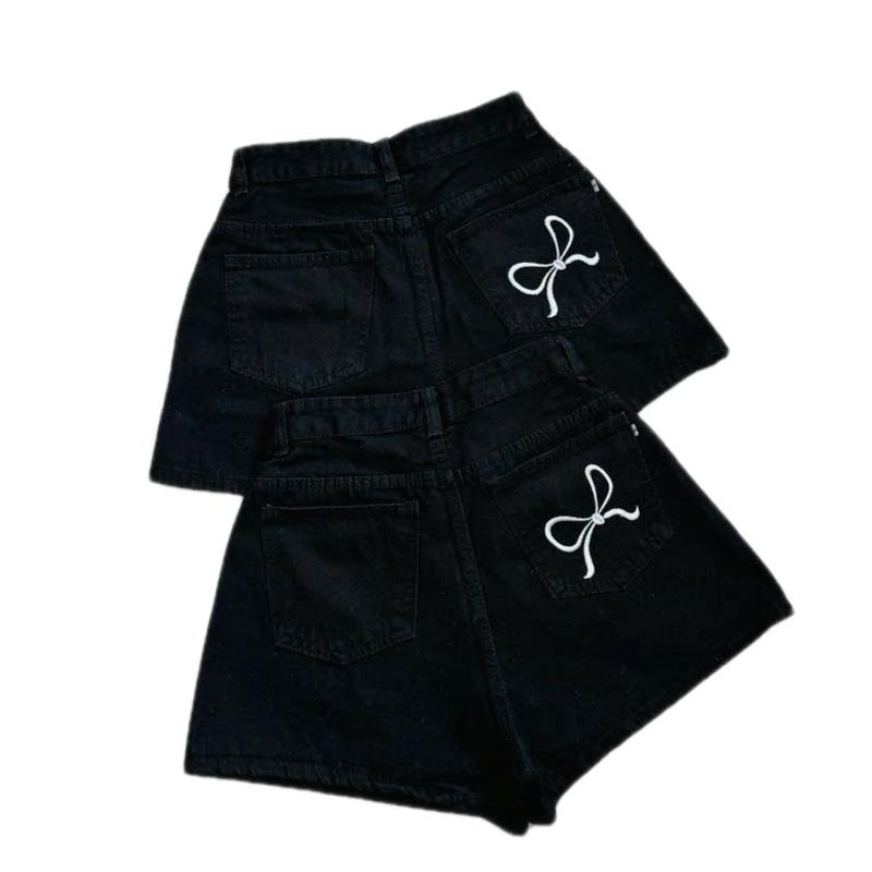 Quần short nữ cạp cao, quần ngắn tôn dáng, quần đùi phối thêu 1 nơ dễ thương Jean shorts