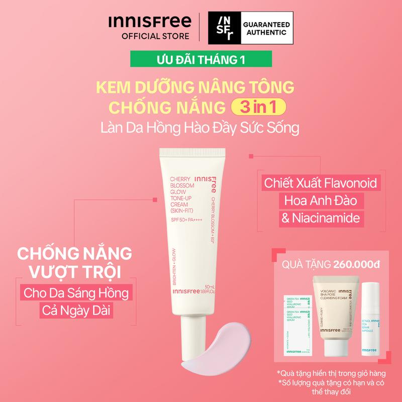 Kem dưỡng ẩm làm sáng chống nắng cho da INNISFREE Jeju Cherry Blossom Skin-Fit Tone-Up Cream SPF50+ PA++++ 50mL