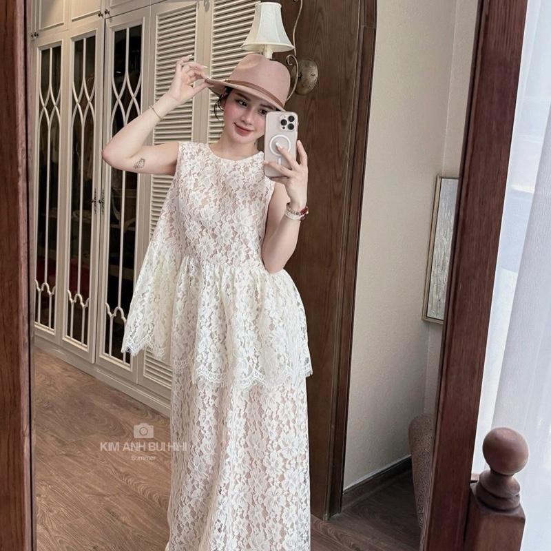 ( Mở Bán ) Set Áo Ren Hoa Cổ Tròn Sát Nách Phối Vạt Kèm Chân Váy Ren Dáng Dài Tôn Dáng Sang Chảnh