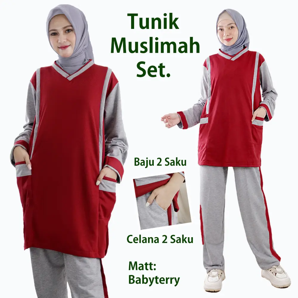 TUNIK MUSLIMAH SET. Baju Setelan Pakaian Wanita Olahraga Senam JUMBO XL XXL 3XL Celana Panjang Sport