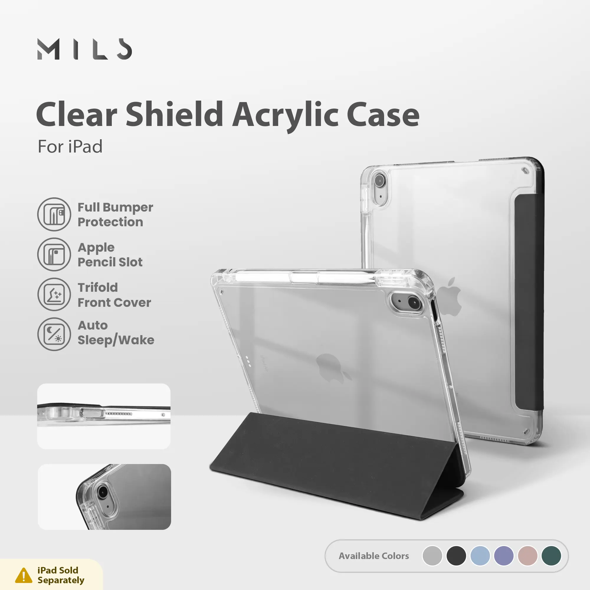 MILS Clear Shield Acrylic Case for iPad 5 6 7 8 9 10 10.2 10.5 10.9 Air 3 4 5 Pro 11 12.9 13 2018 2020 2021 2022 2024 M1 M2 M4 - MC08