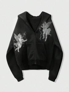 TikTok Tendencia!Sudadera con cierre y capucha negra con gráficos de cherubines (ángeles) complejos, uno con una chispa y el otro con una campana.Corto, elegante, perfecto para streetwear con un toque edgy y artístico.