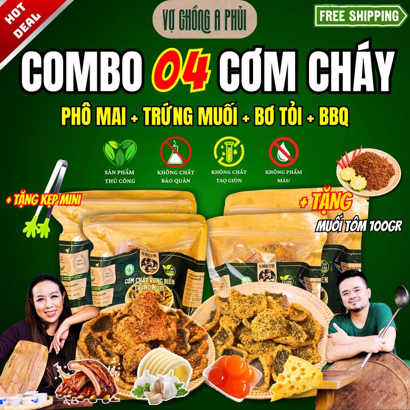 Tặng Kẹp Gắp Mini Combo Cơm Cháy 4 Vị Siêu Hời 220gr – Tặng Kèm Muối Tôm 100gr - Vợ Chồng A Phủi - Gạo Tám Thơm & Rong Biển Tươi - An Vị Tốt - Mon Ngon Moinha đồ ăn vặt ngon black friday