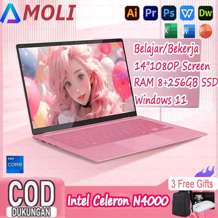 AMOLI [Ready stock] Laptop Pink 14 INCH Layar IPS HD 8+ 256GB SSD ...
