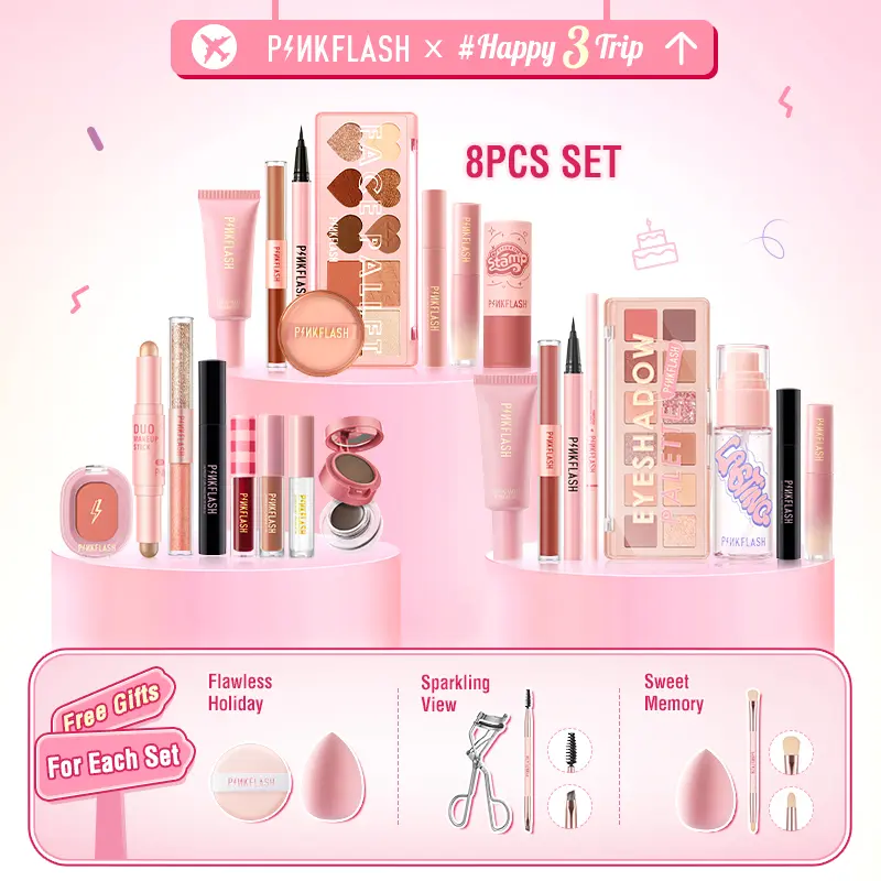 [Official]PINKFLASH #Happy3Journey 3rd Anniversary Makeup Sets 8PCS Beauty set makeup kit face makeup Eyeshadow Eyeliner Mascara Concealer Blush Eyebrow Liquid Loose Palette Foundation Lasting Cover Kosmetik 0