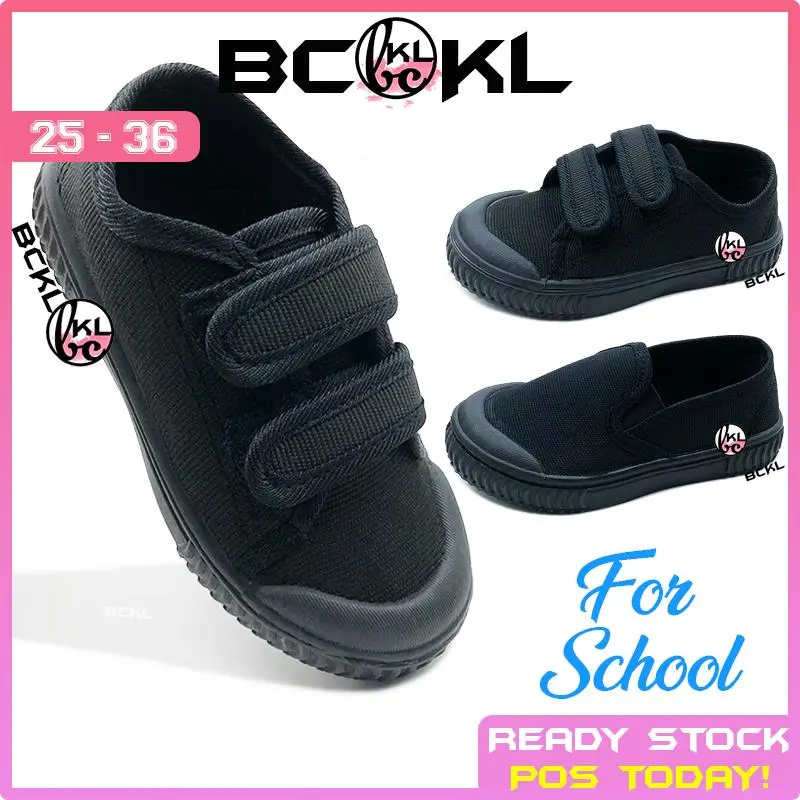 【 BCKL 】Kid's School Canvas Black Shoes | Comfort Sport Sneakers Shoes | Kasut Sekolah Hitam Budak Remaja Sarung