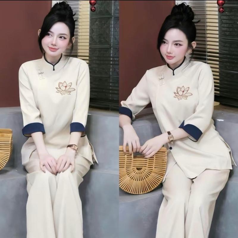  Sét đồ lam đi chùa thêu hoa sen cổ truyền thống đồ lam đi chùa nút bọc kết hợp nút tàu sét pháp phục có 4 màu mã 07 