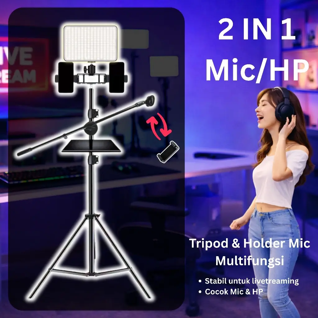KV Tripod 2.1 Meter Paket Lengkap Overhead Lampu Tray | Holder HP Mic | Live Streaming & Karaoke Kvin Cell