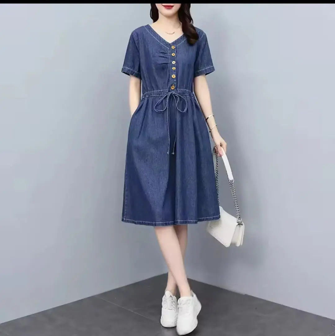 DRESS JEANS WANITA LENGAN PENDEK LEHER V