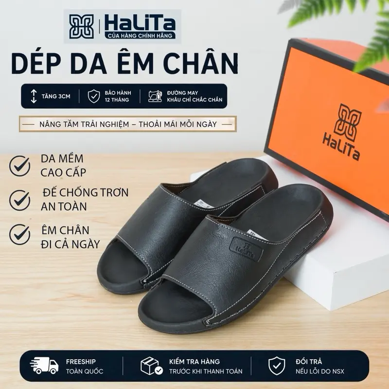 [Dép Công Thái Học ] Bản Nâng Cấp l, Da Bò Lưu Bút Cao Cấp HaLiTa, Đế Cao Su Vân Nhám Chống Trơn Trượt
