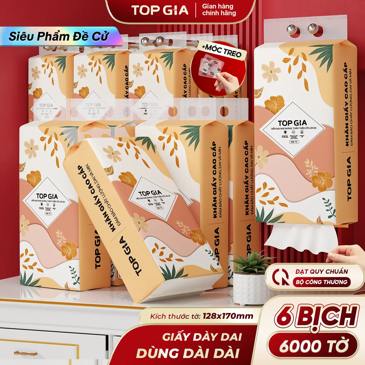 [TOPGIA X QUYỀN LEO]  DEAL COMBO 6 BỊCH Khăn Giấy Tiểu Hạ TOP GIA 4 Lớp Mềm Mịn, Thành Phần Bột Gỗ Tự Nhiên Thân Thiện An Toàn (6.000 Tờ – 4 Lớp, Nhiều Tờ Hơn, Dai Đanh Mềm Mịn) – Tặng 2 Móc Treo  ĐẠT QUY CHUẨN CỦA BỘ CÔNG THƯƠNG VTG86