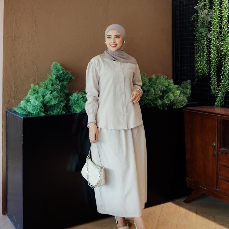 Ayana Set by Adiyana Apparel- krem Fit Nyaman Muslim Wanita Gamis Setelan Panjang Lembut Jilbab Celana 4