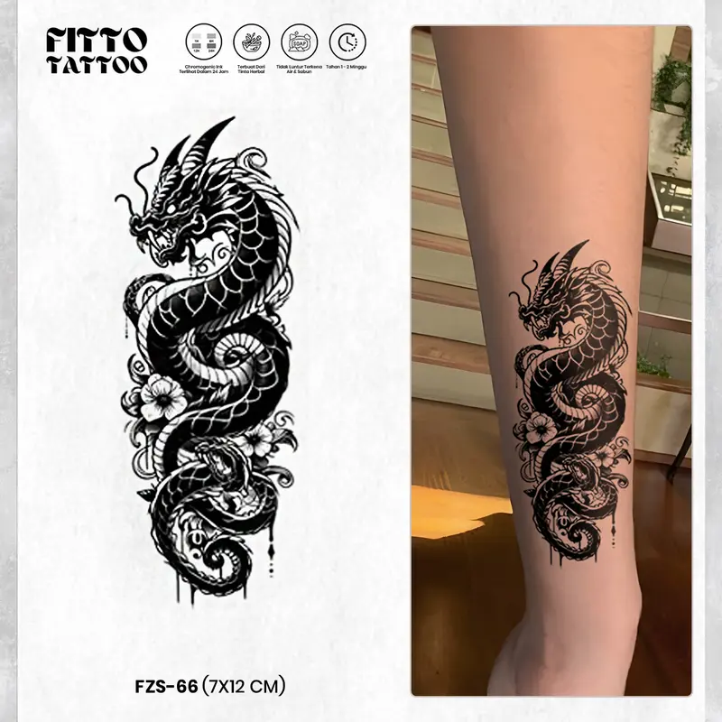 FITTO TATTO Tato Temporar Premium Semi Permanen FZS-66 Naga Ular Cobra 7x12 cm Tahan Air & Sabun Herbal Chromogenic Ink 0