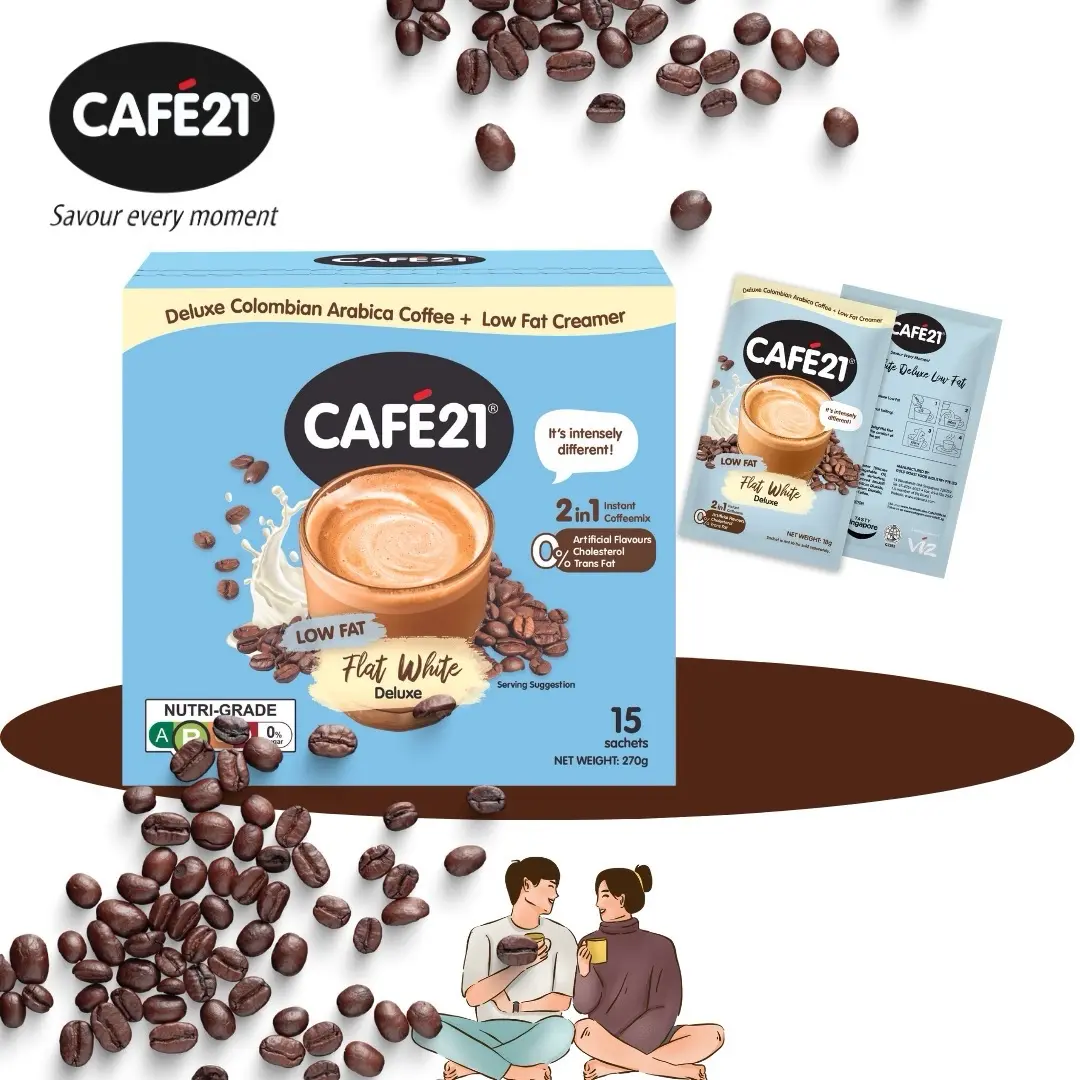 Cafe21 Flat White Deluxe Low Fat (18g x 15 Sachets) Premium Coffee Beverage