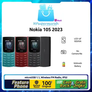NOKIA 105 2023 GARANSI RESMI Dual SIM Layar 1.8 inches TFT LCD Radio FM Wireless Jack 3.5 mm Baterai 1000 mAh IP52 Warna Cyan Red Charcoal