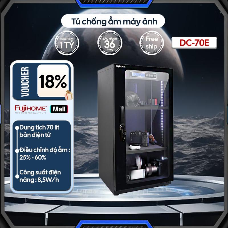   hết quà tặng  Tủ chống ẩm máy ảnh FUJIHOME DC70E bản 70 Lít lắp đặt 01 Block chạy bằng 01 IC làm lạnh và hút ẩm - Bảo hành 36 tháng 