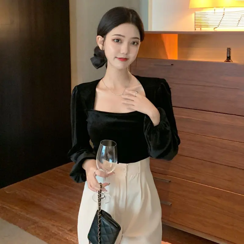 ONEFASHIONMALL SL033 Blouse Velvet Top Square Neck Long Sleeve Bluse Lengan Panjang Puff Atasan Baju Wanita 1