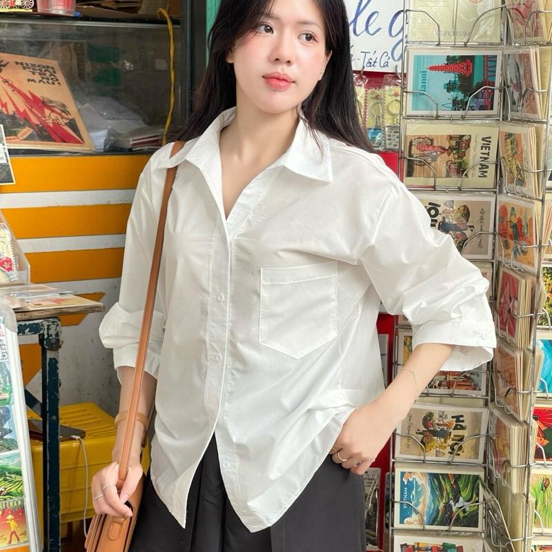 Áo Sơ Mi Cổ V Dáng Rộng Rúm Eo Basic Chất Vải Thô Mềm By Halinh M358