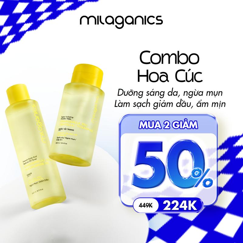   MUA 2 GIẢM 50%  Combo Toner Hoa Cúc & Nước Tẩy Trang MILAGANICS 3% Niacinamide 5% AHA Dưỡng Sáng Da Kiềm Dầu Không Cồn Hỗ Trợ Ngừa Mụn Và Làm Sạch Cân Bằng Độ Ẩm Cho Da Giúp kiểm Soát Dầu Mụn Dành Cho Mọi Loại Da Khô Skincare 